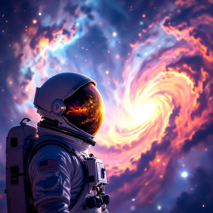 A lone astronaut, silhouetted against a swirling cosmic vista of vibrant nebulae and distant galaxies, drifts through the silent expanse 