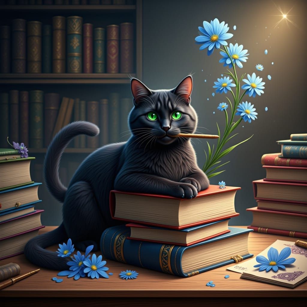 Albus the cat sitting on a pile of books with wand in mouth with a blue flower sprouting out from the spill on the wizards cluttered desk in...