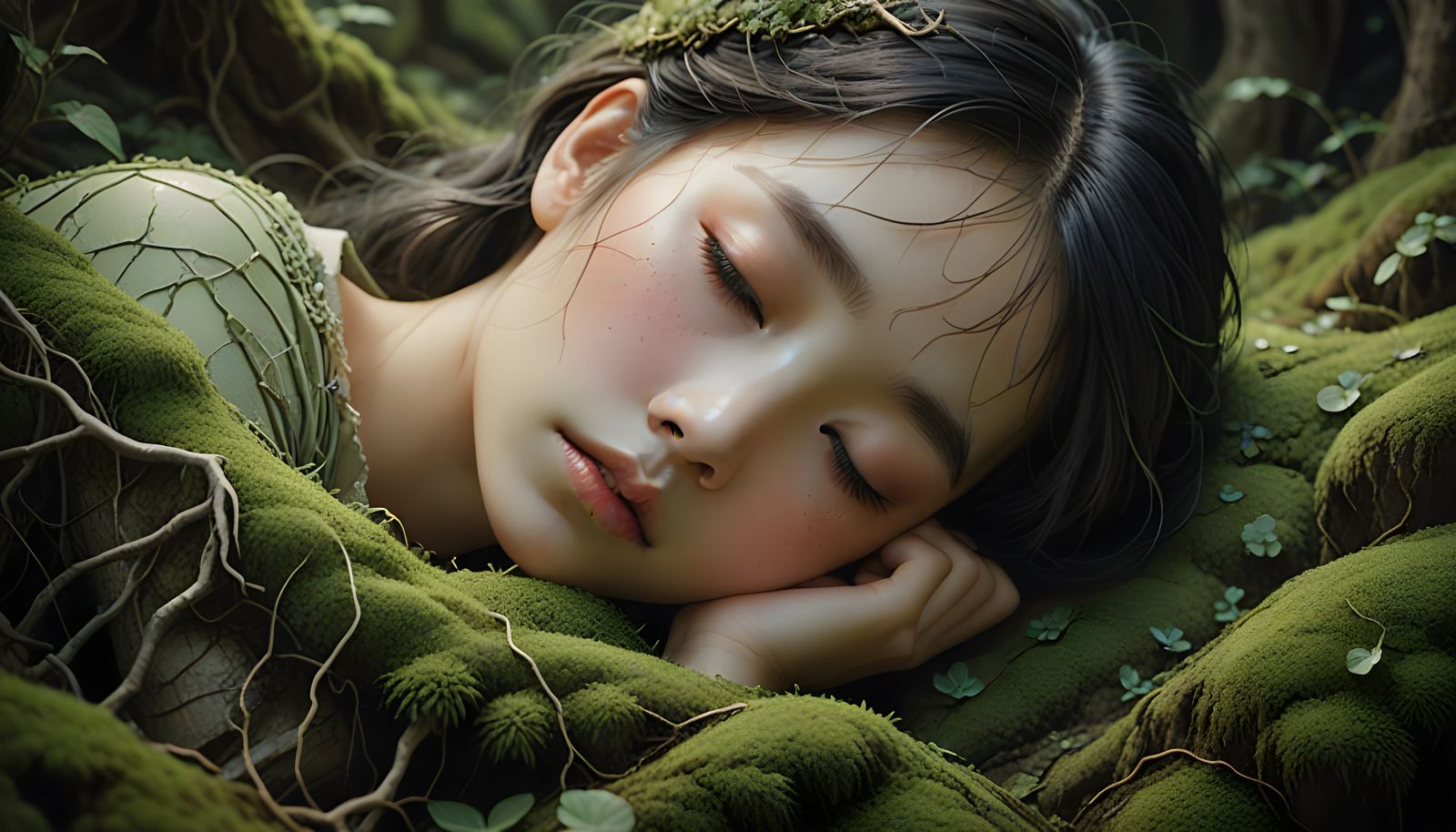 Cradled, a sleeping moonchild, wrapped in moss  by @Art_For_Ukraine
