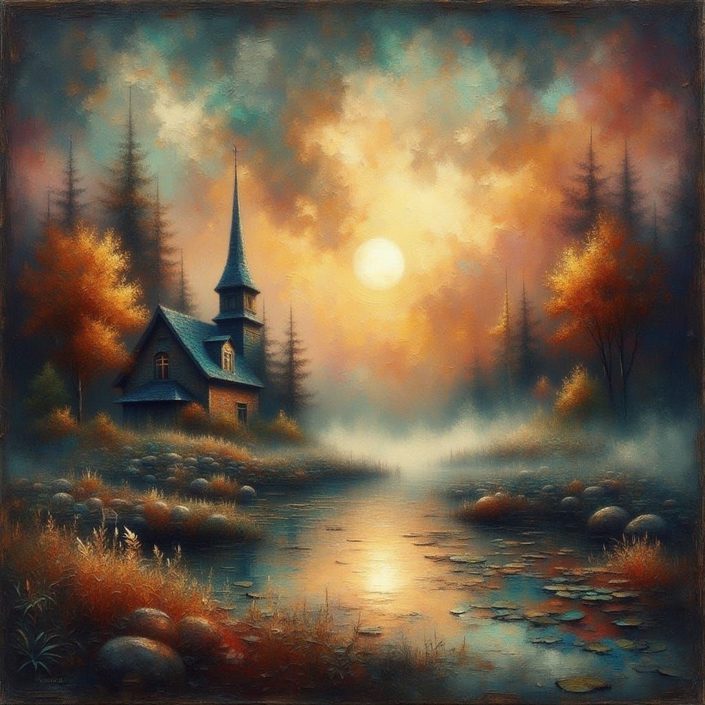 <lora:Grungy Impasto:1.0> misty hazy bay in fall with a moody full moon in autumn colors grungy textured gritty acrylic oil Impasto Impasto...