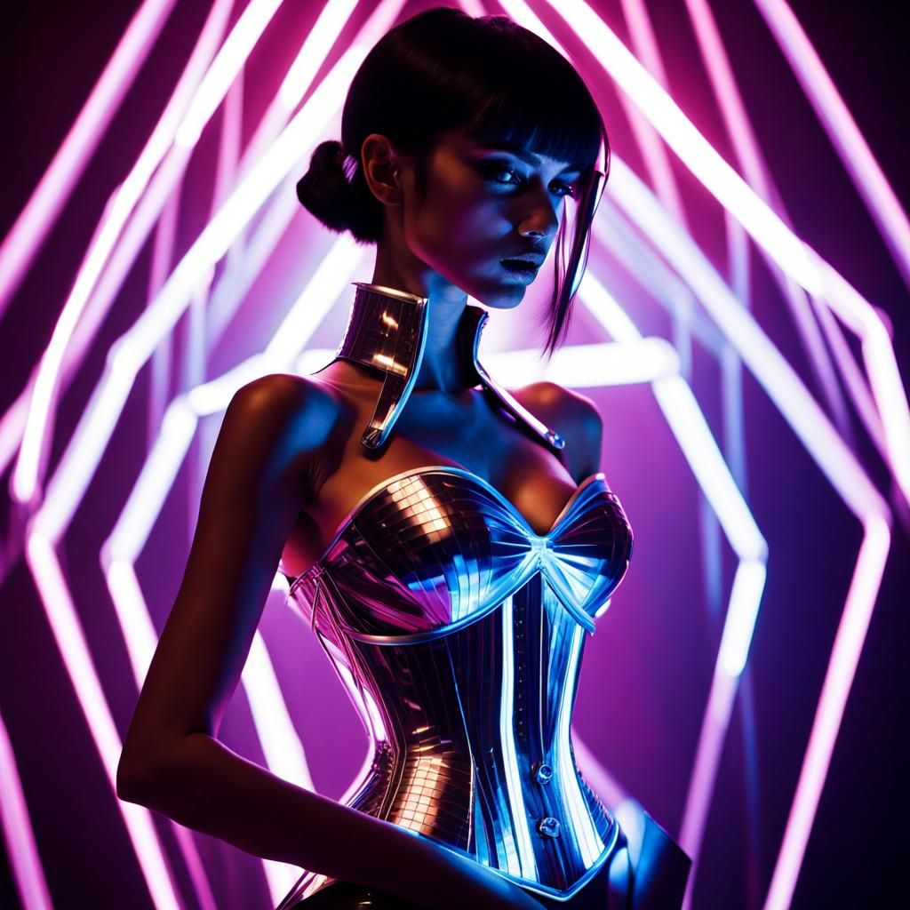 A stunning futuristic fashion photograph featuring a captiva...
