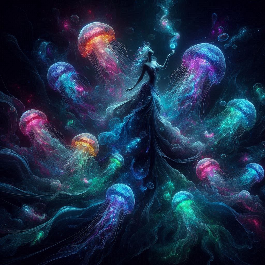 Mystical jellyfish and mermaid