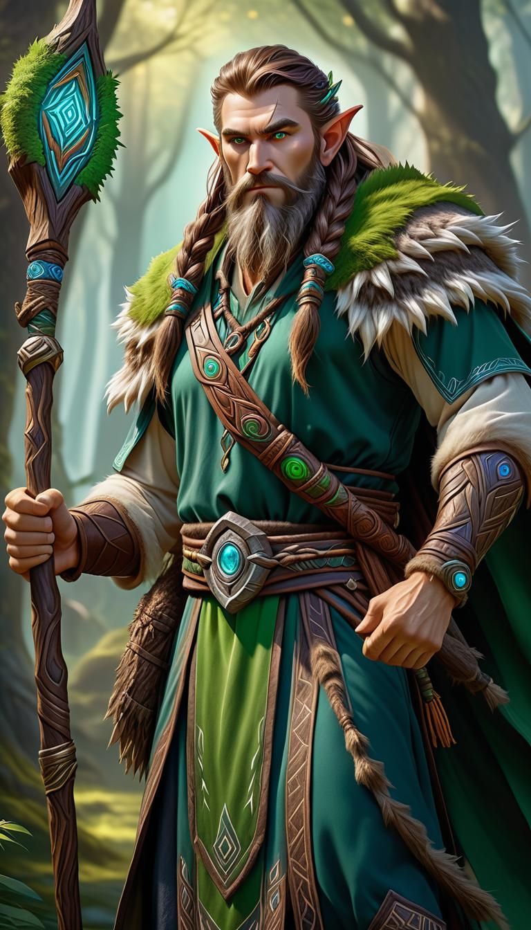 A mighty elf druid, brown hair and beard, wearing druid clot...
