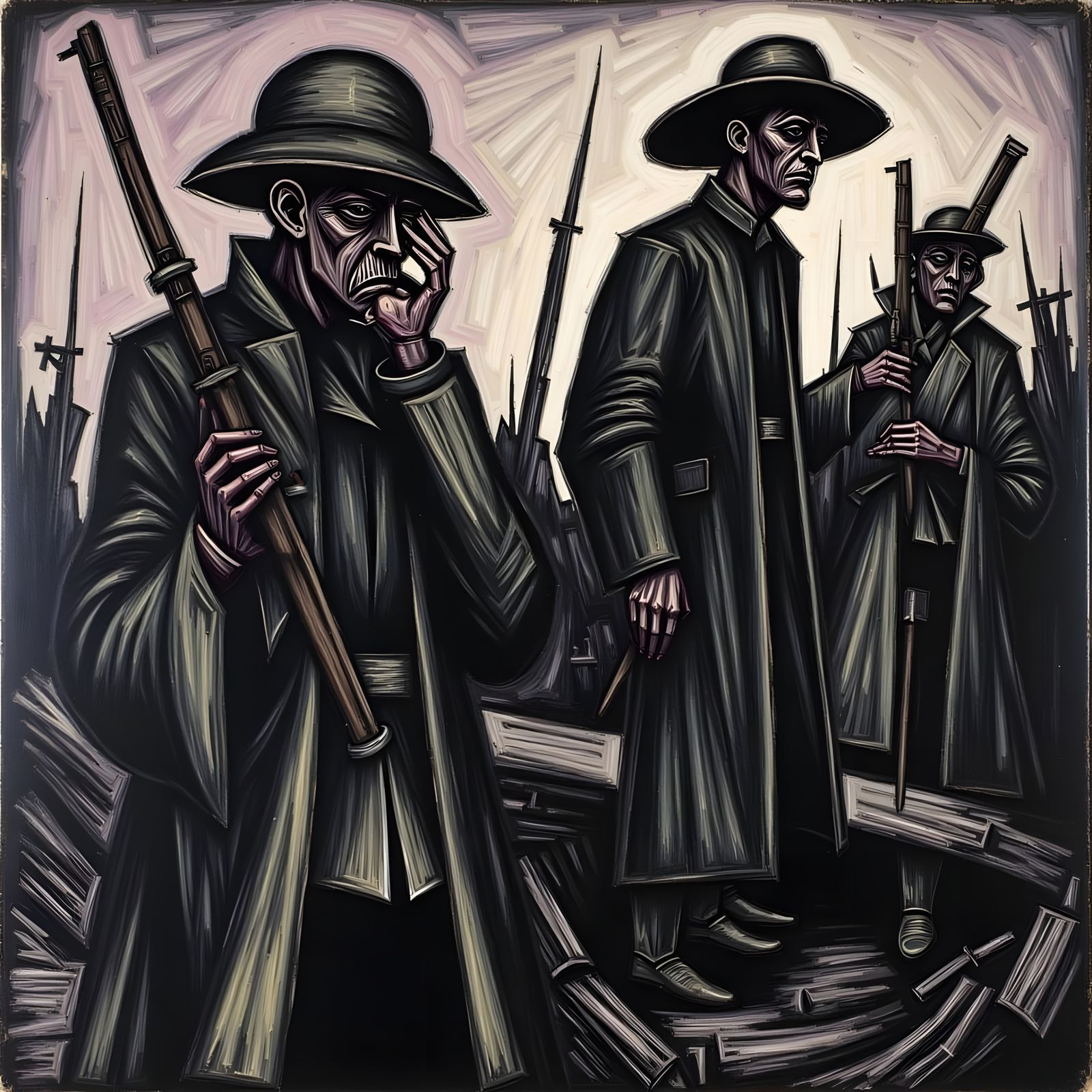 german expressionism painting portraying the pain, suffering and immorality of World War 1 <lora:German Expressionism:1.0>