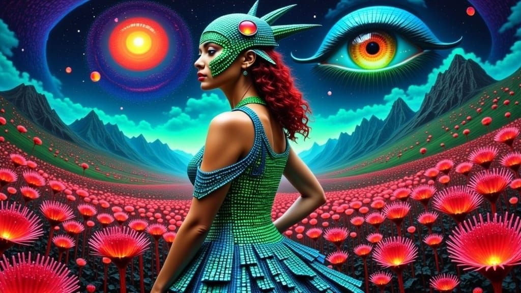 "chubby woman with little shiny digital ruby and onyx cat helmet"; diamonds and blue opal spikes; overhead point_of_view; icy blue 0s and 1s...