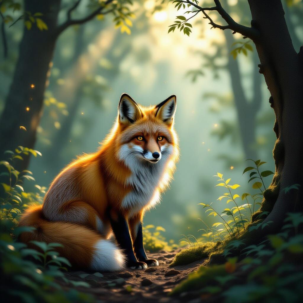 A majestic fox with fur like molten gold and eyes like ancient amber pauses at the edge of a dense, mist-shrouded forest. Sunlight filters t...