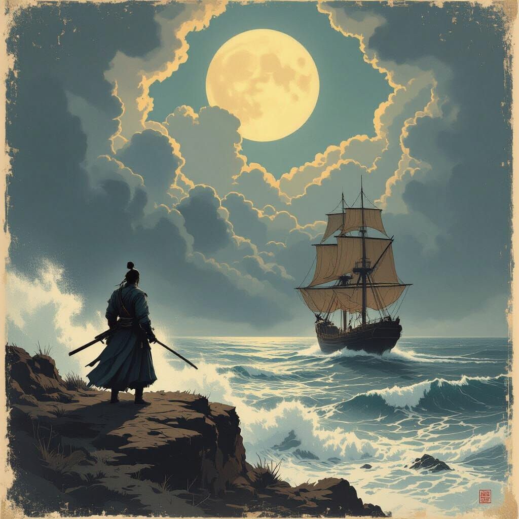Retro illustration. A lone samurai warrior stands on a cliff overlooking a stormy sea, with a majestic sailing ship battling the waves below...