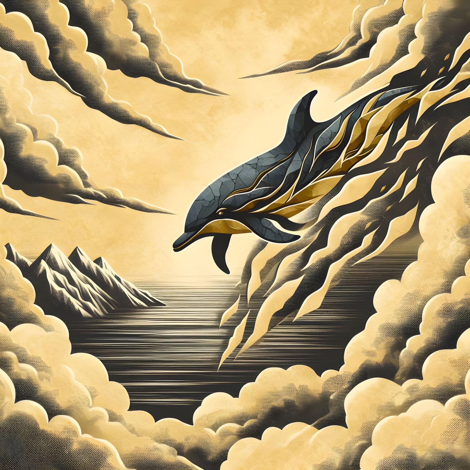 Torn Paper Dolphin in the Clouds