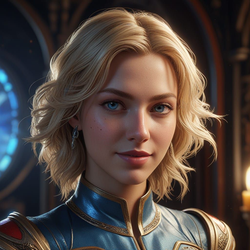  Concept art. head and shoulders portrait. A beautiful blonde Pleiadian commander smiles at the viewer. head and shoulders portrait. Concept...