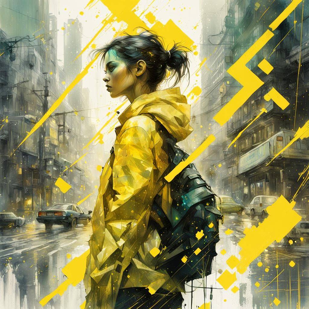 electric yellow matrix letters raining on a cyberpunk girl,