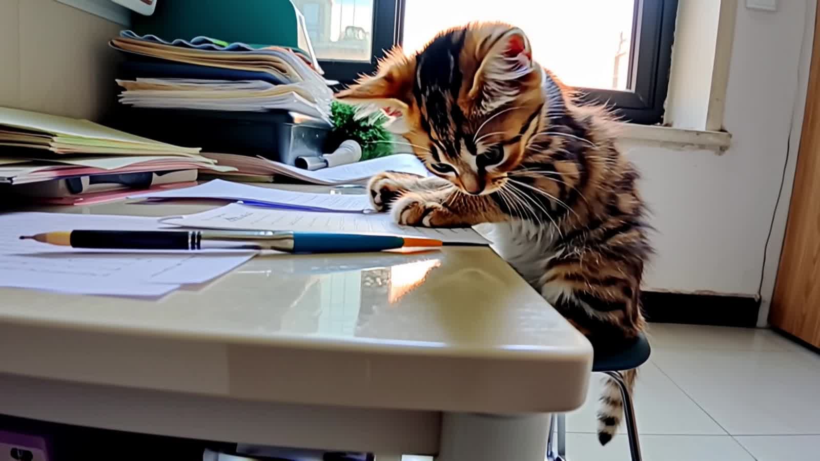 An angry kitten writing a strongly worded letter