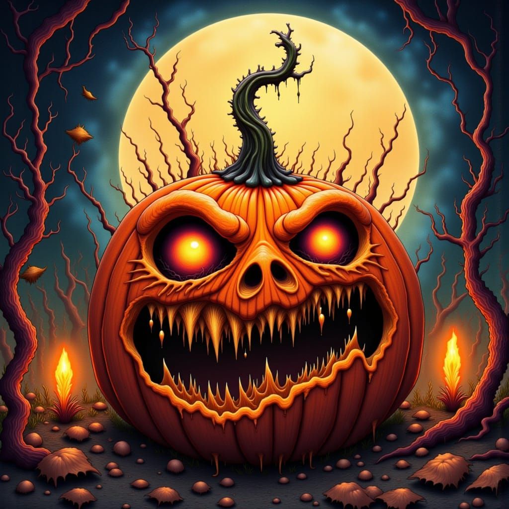 A carved pumpkin with a bizarre, scary face; illuminated by flickering candlelight against a large, radiant full moon. Dynamic watercolor an...