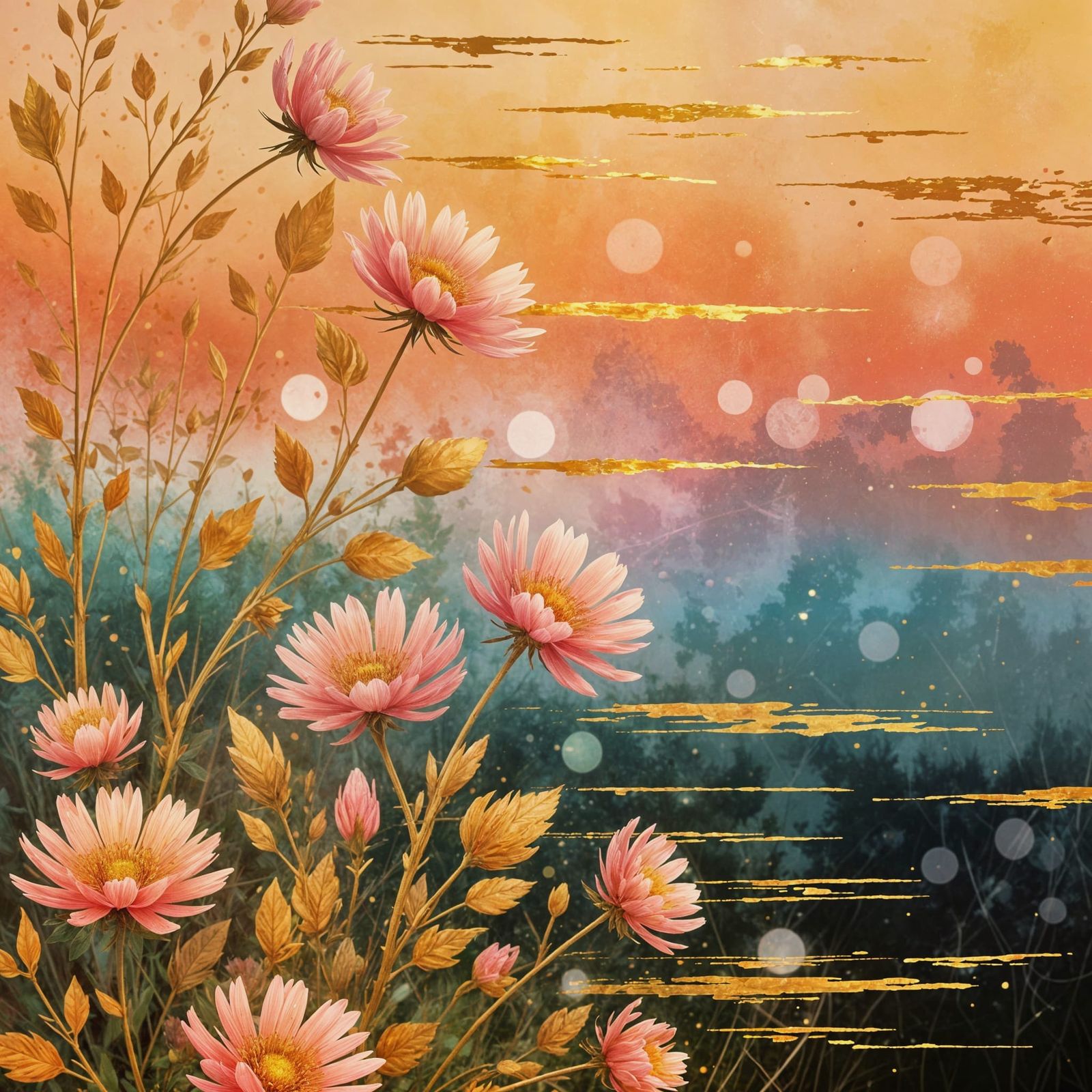 abstract close-up painting of botanical flora fading into a bokeh background, pink and gold flowers, ...  by @g r r c