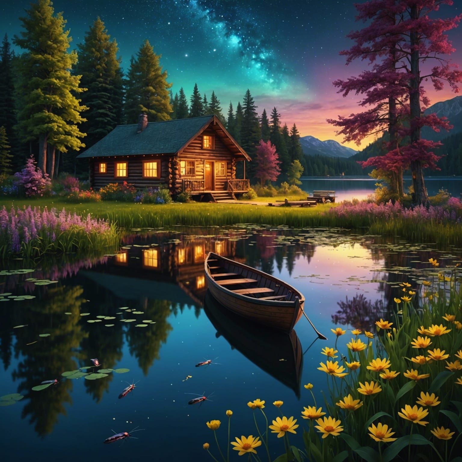 Pretty colorful lake with flower meadows rowboat resting at small dock night scene lighted log cabin ...  by @Lynbrook Mutt - Mike