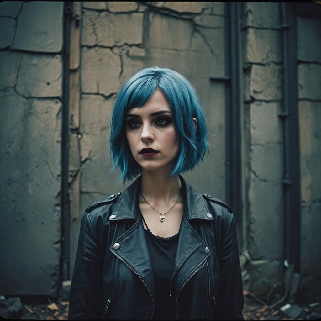 Vampiric emo woman with blue hair
