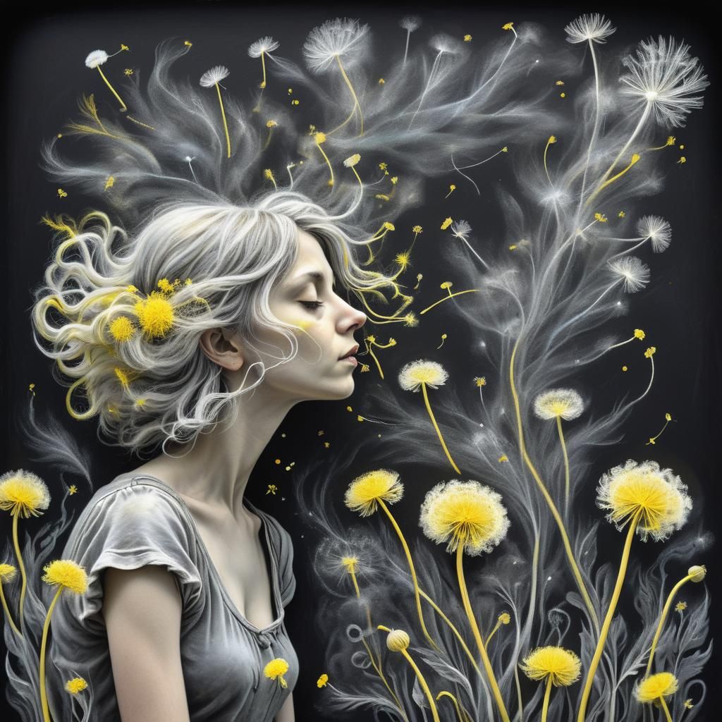 Blows dandelions sculpture made of white and yellow chalk on a ...