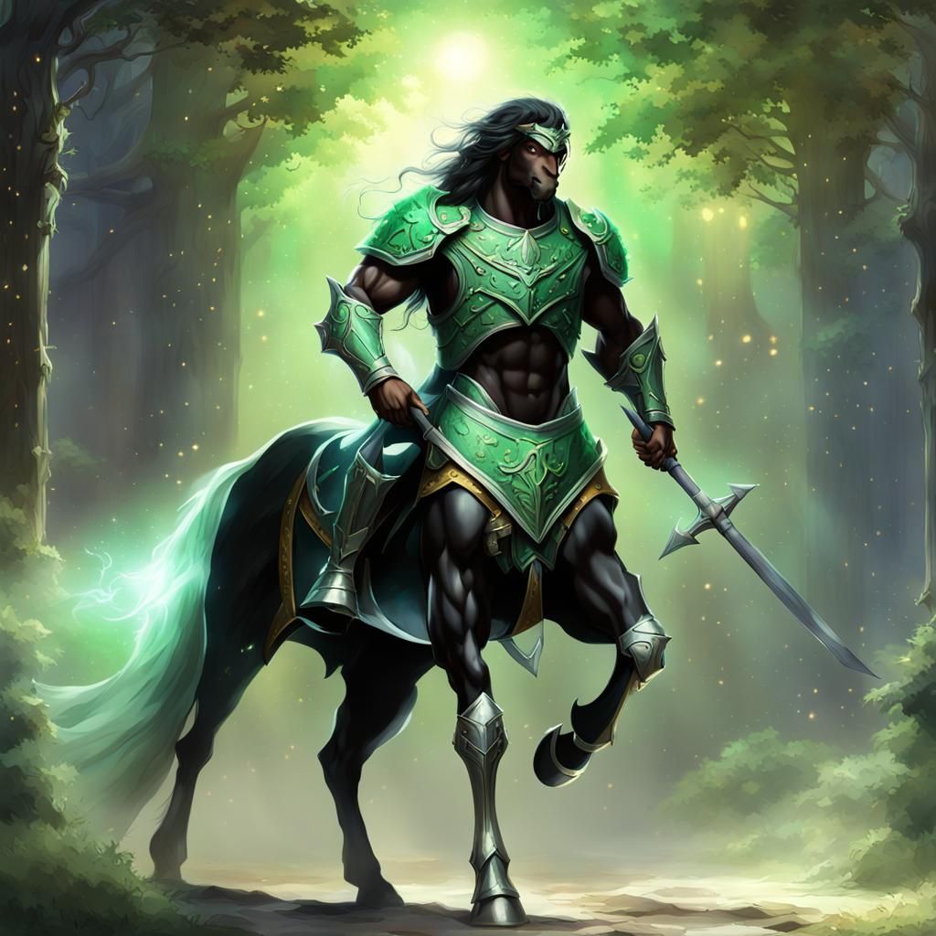 dnd art, male centaur, human head and torso blending seamlessly into a black horse body, Epic fantasy artwork, young male centaur cleric, vi...