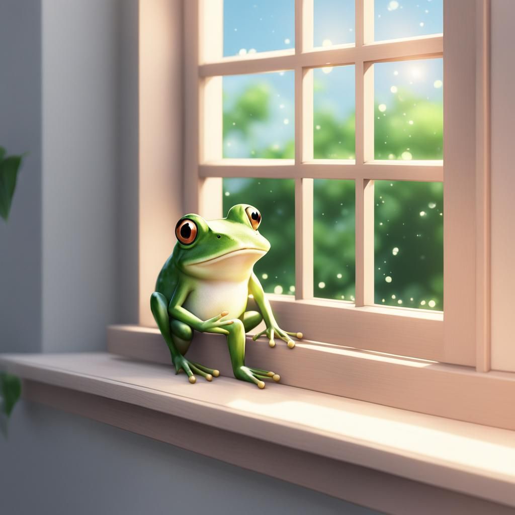 a cute small frog sitting on a windowsill cgi