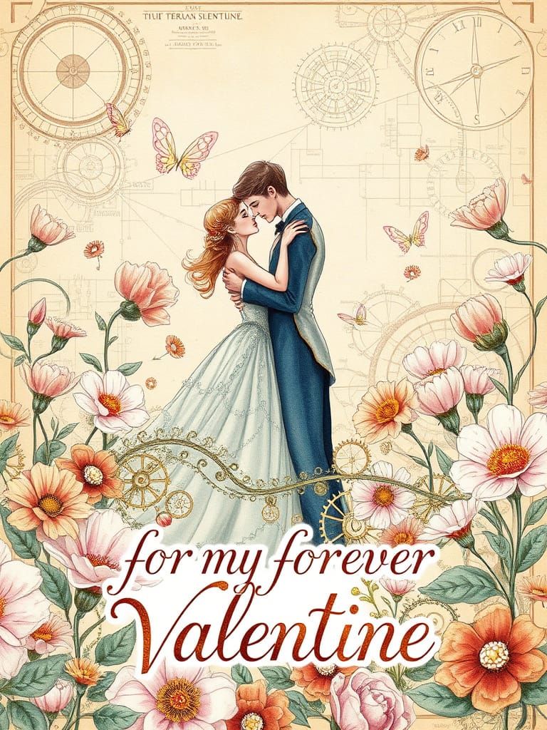 Steampunk Lovers in Whimsical Garden of Clockwork Flowers