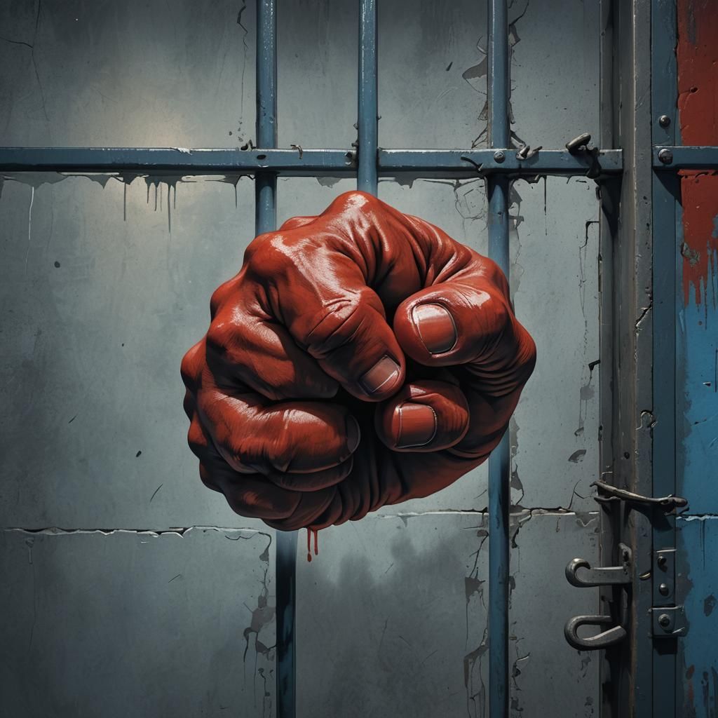 a big red fist on a spring in a prison cell