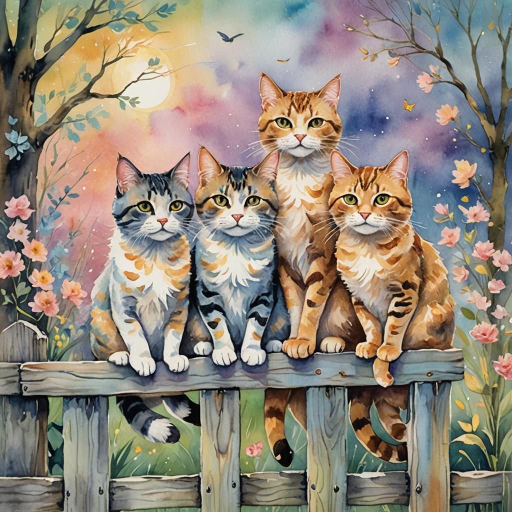 Three charming cat, each with their own fluffiness and appeal, sit merrily on a fence post, while a small cat takes flig...