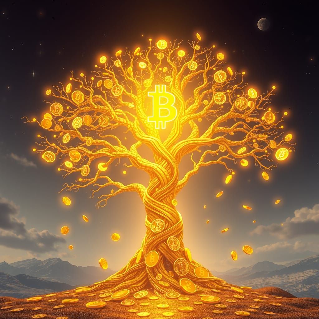 Golden Tree of Digital Wealth in Cyberpunk Style