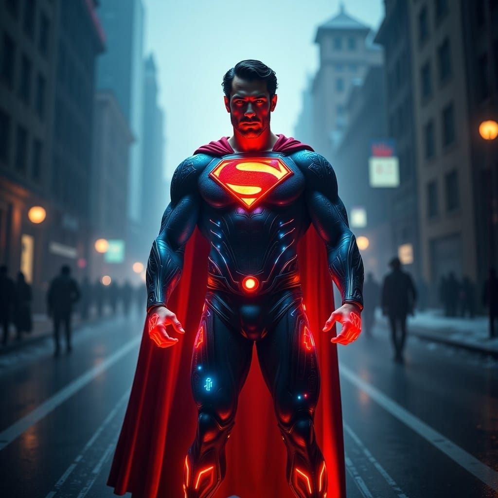 <lora:Glowing Hieroglyphs:1.0> Superman standing imposingly on a misty street, his symbol made of prismatic light 