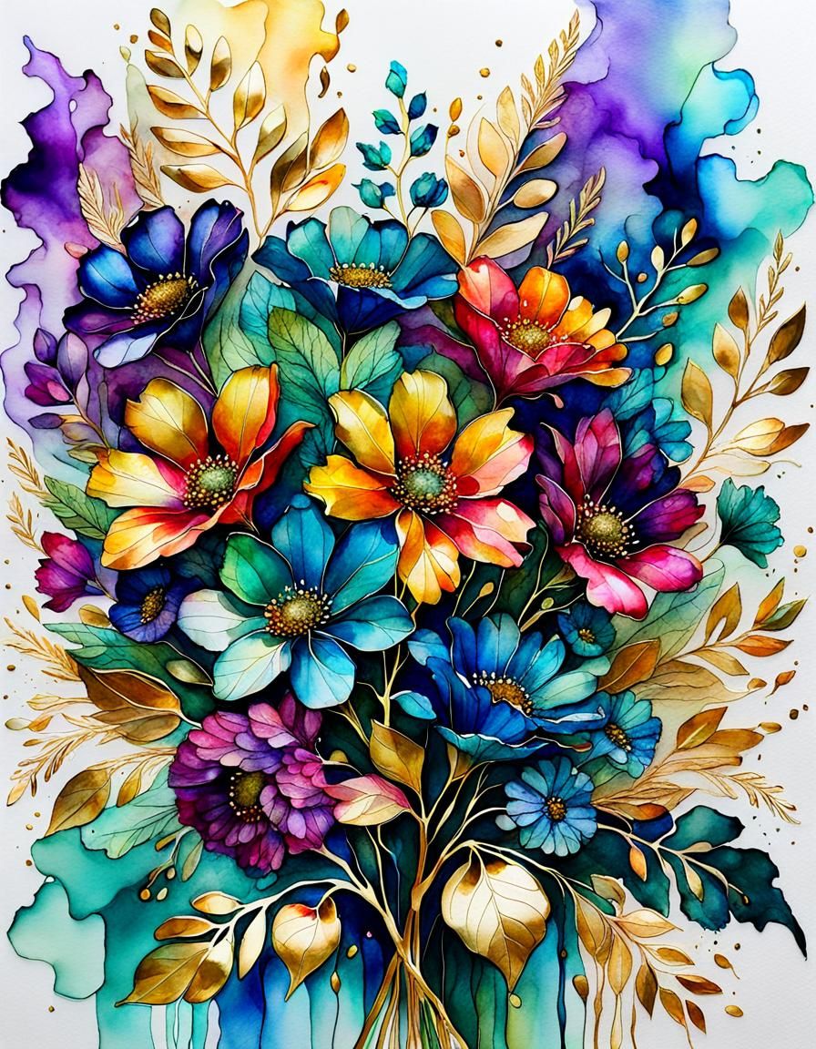 Alcohol ink painting of colourful flowers  by @Genevieve