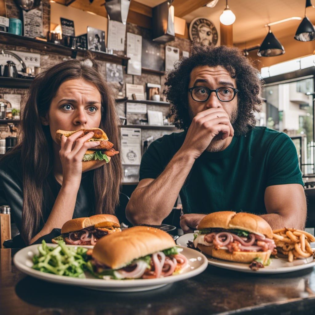 Displeased vegans in a cafe staring at a sandwich with a lot...