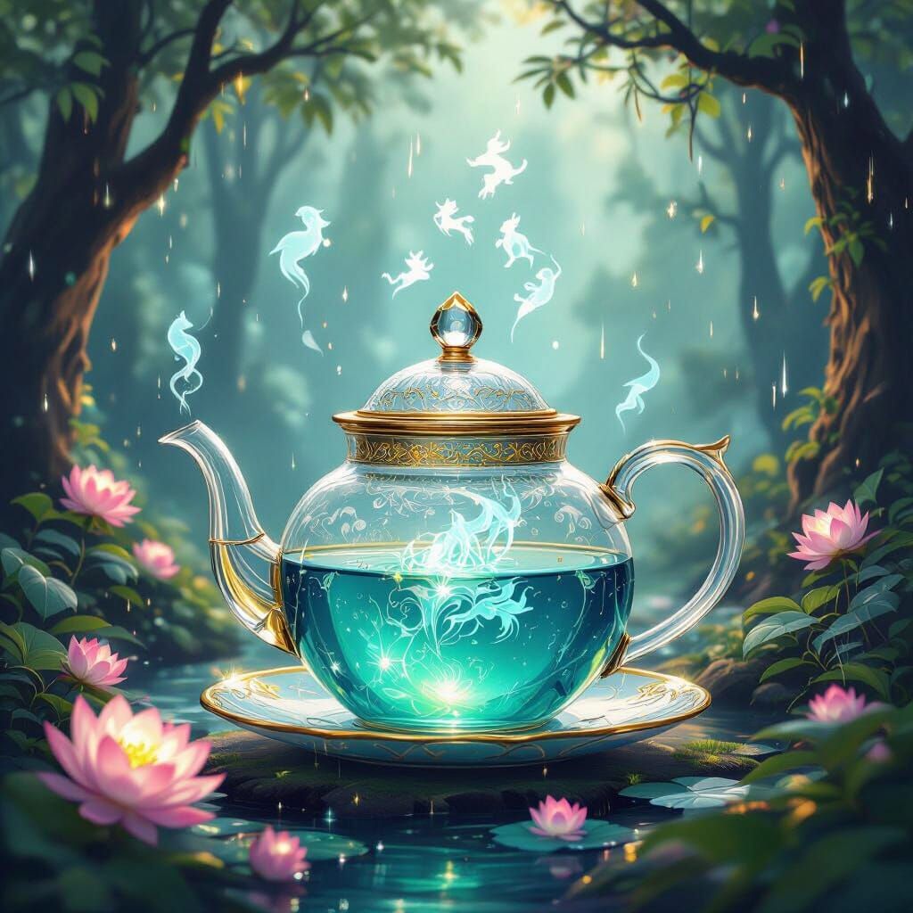Crystal Teapot in Enchanted Forest Digital Painting