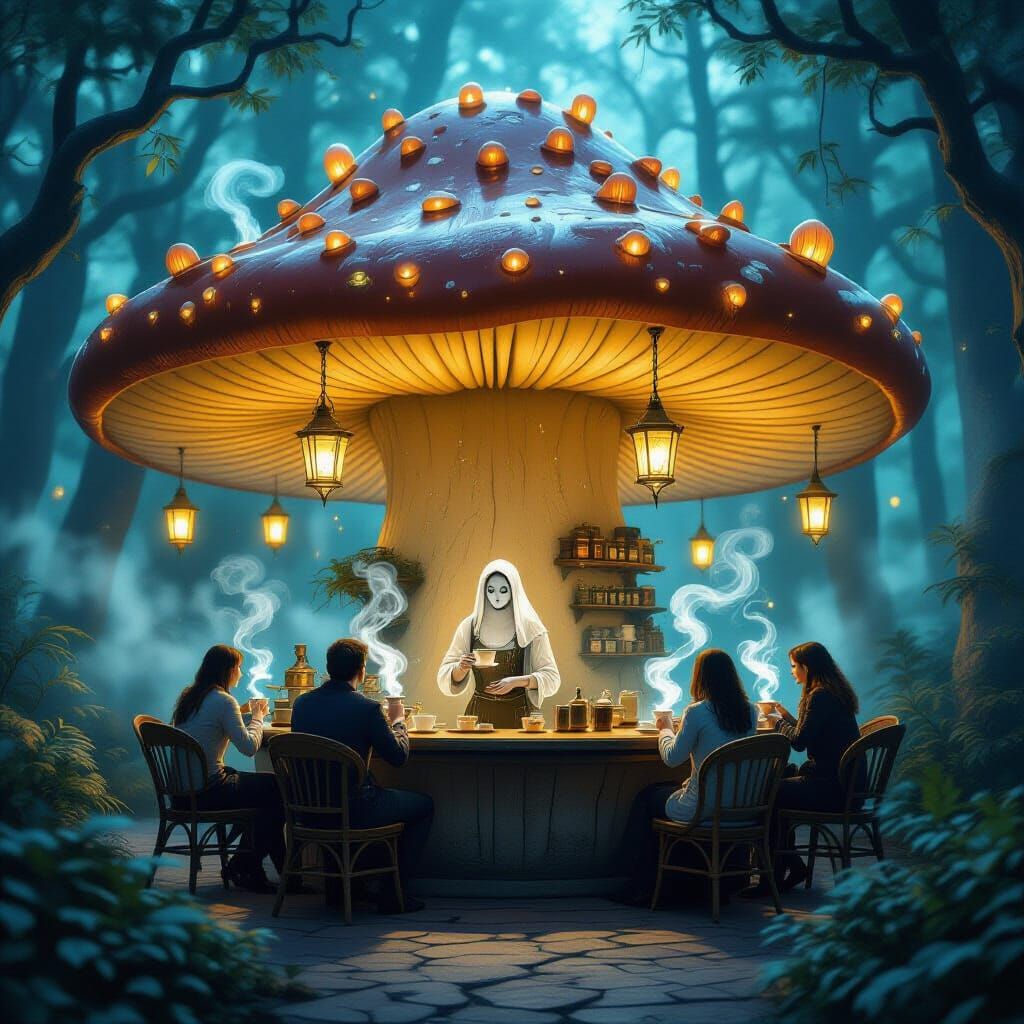An enchanted café nestled within a giant, hollowed-out mushroom, illuminated by glowing spores and floating lanterns. A ghostly barista serv...