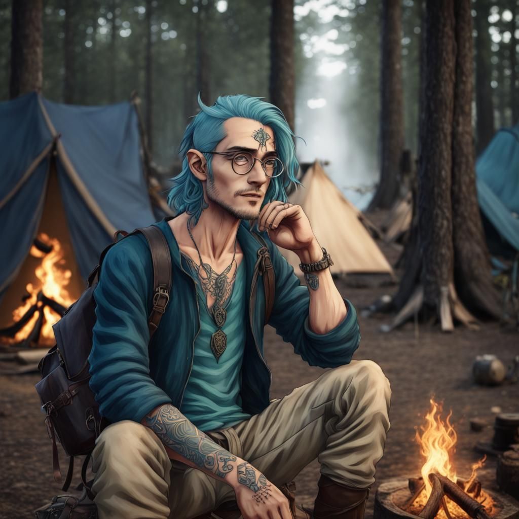 Elvish Male with druidic tribal body tattoos, Ocean Blue Hai...