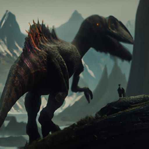 Dinosaur walking by a cliff