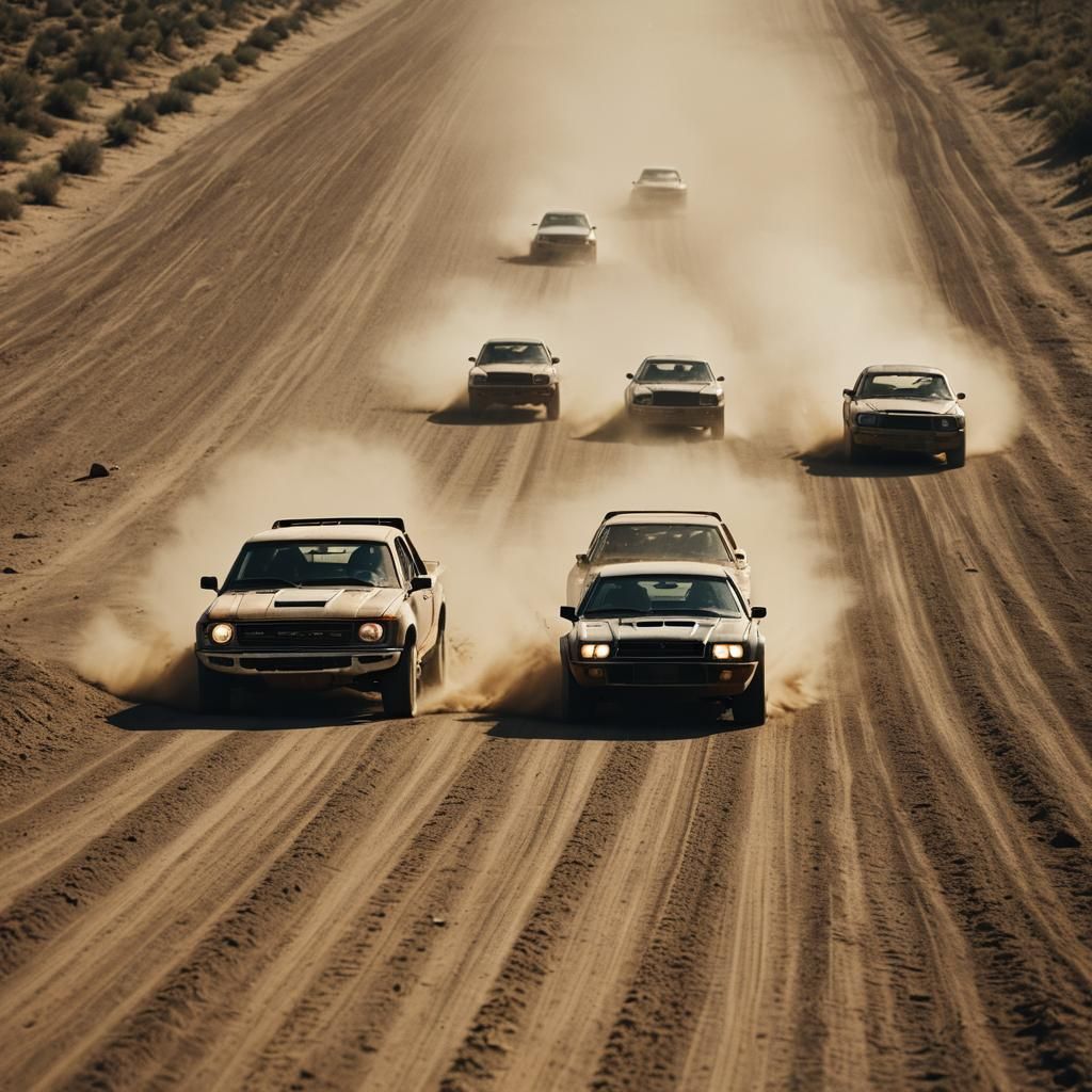 Cars Racing on Dirt Track in Golden Hour