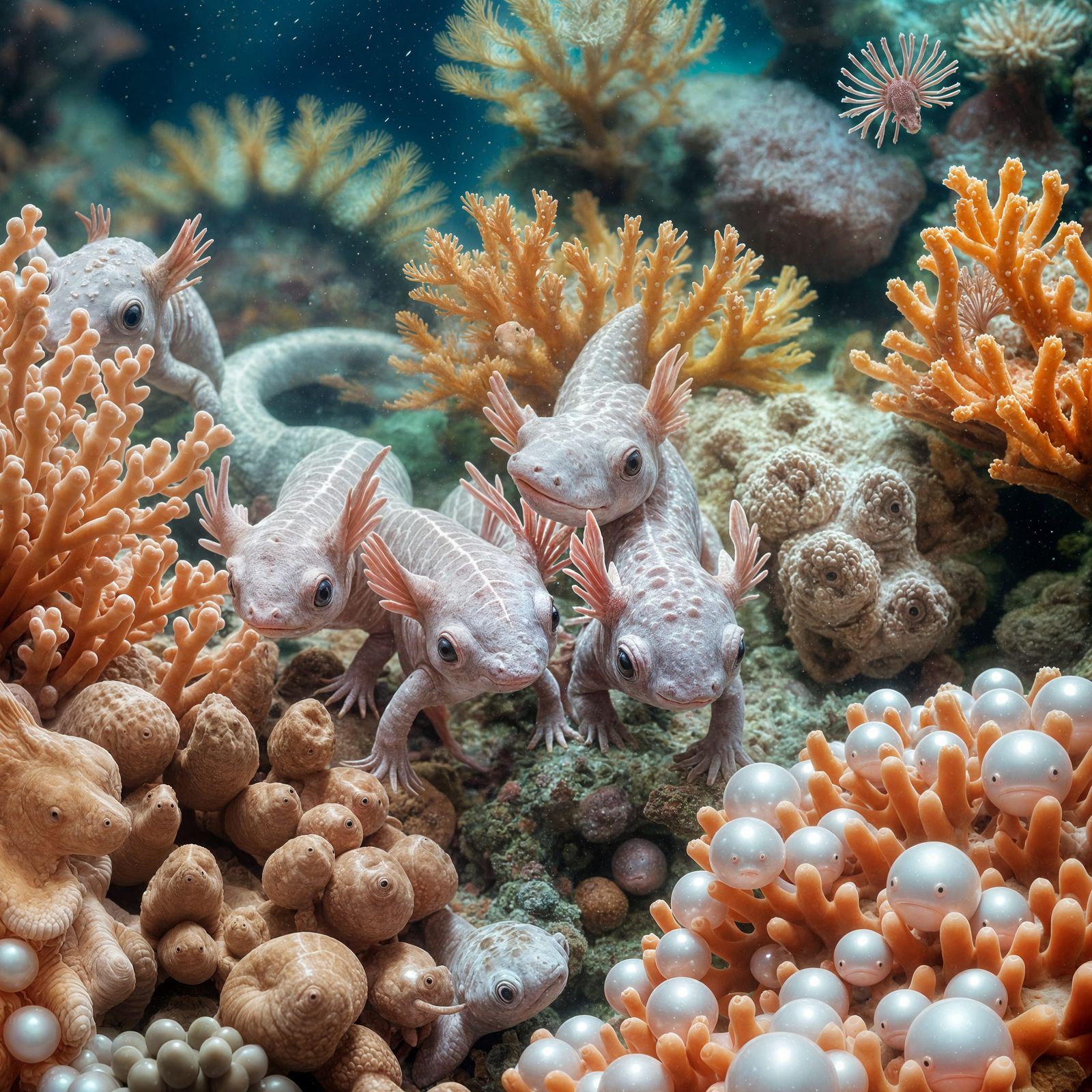 Beautiful and adorable axolotls of a large aquarium by the beach searching among the corals and pearls ...  by @Kh-nagsh