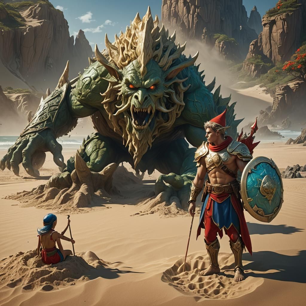 Elf lifeguard facing off with sand elemental  by @Christian 