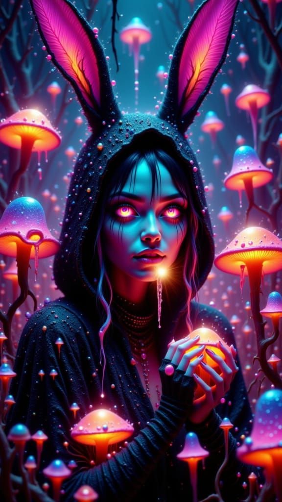 Woman Eats Glowing Mushrooms in Psychedelic Style