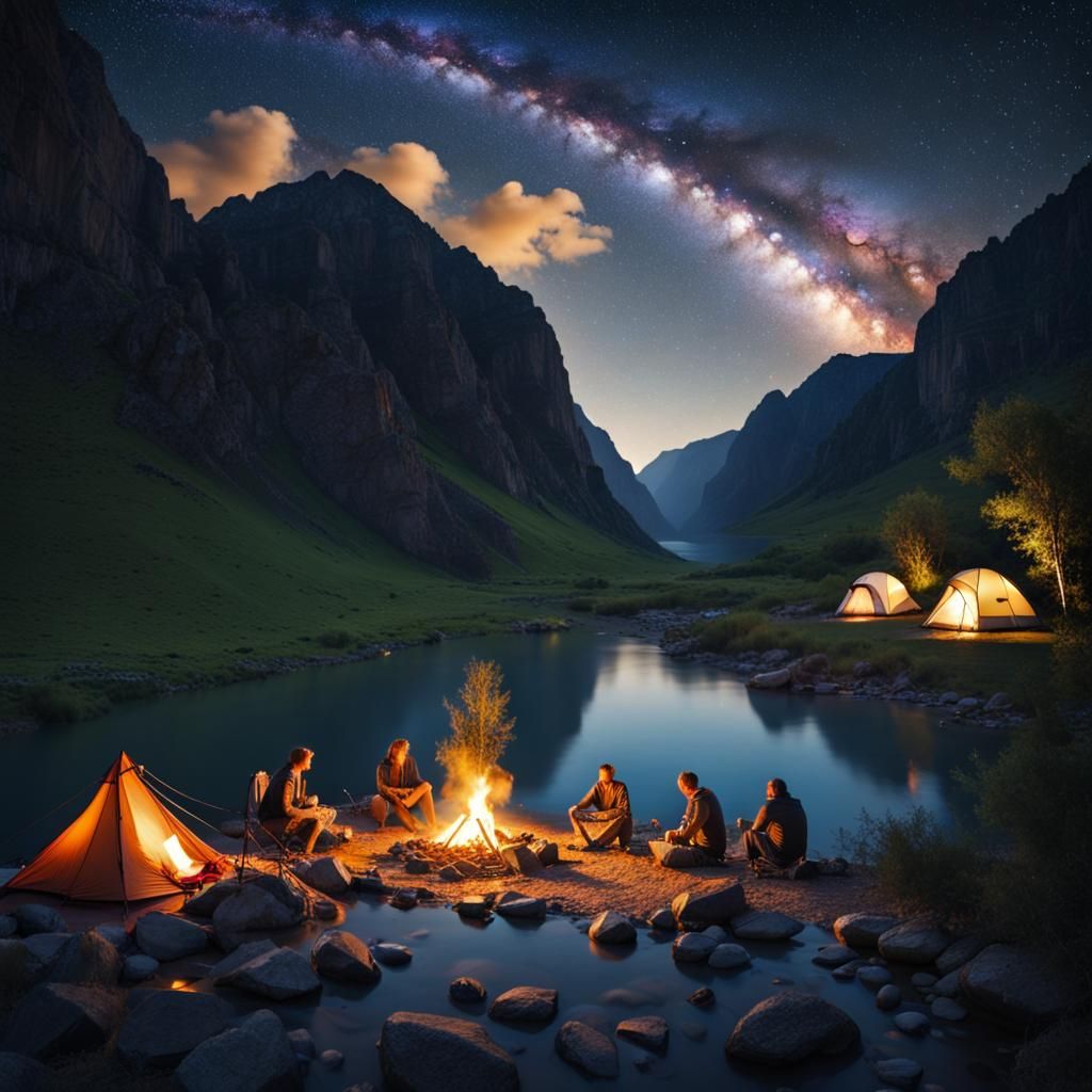 Superb campsite with tents on the edge of a mountain river, starry sky ...