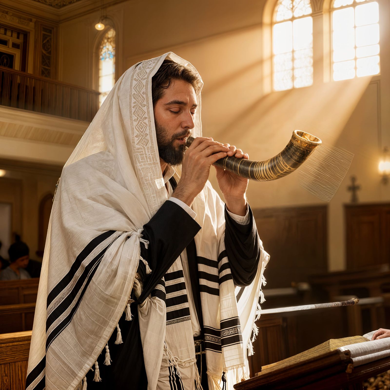 Jewish Man Blowing Shofar in Synagogue