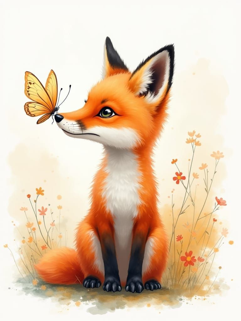 A watercolour splash painting of a fox cub, with a butterfly on nose  by @Jim