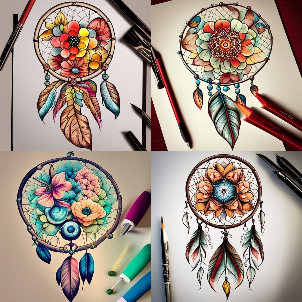 Dreamcatcher with flowers and feathers colour drawing