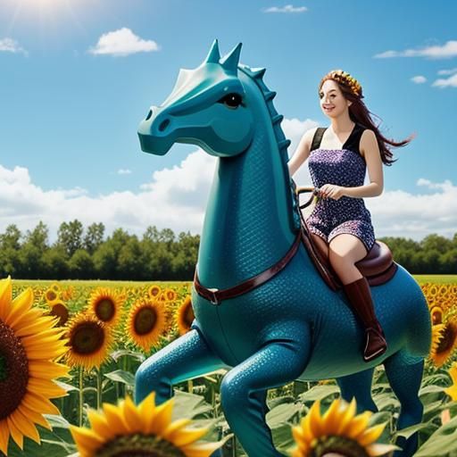 Mermaid on Giant Seahorse in Sunflower Field