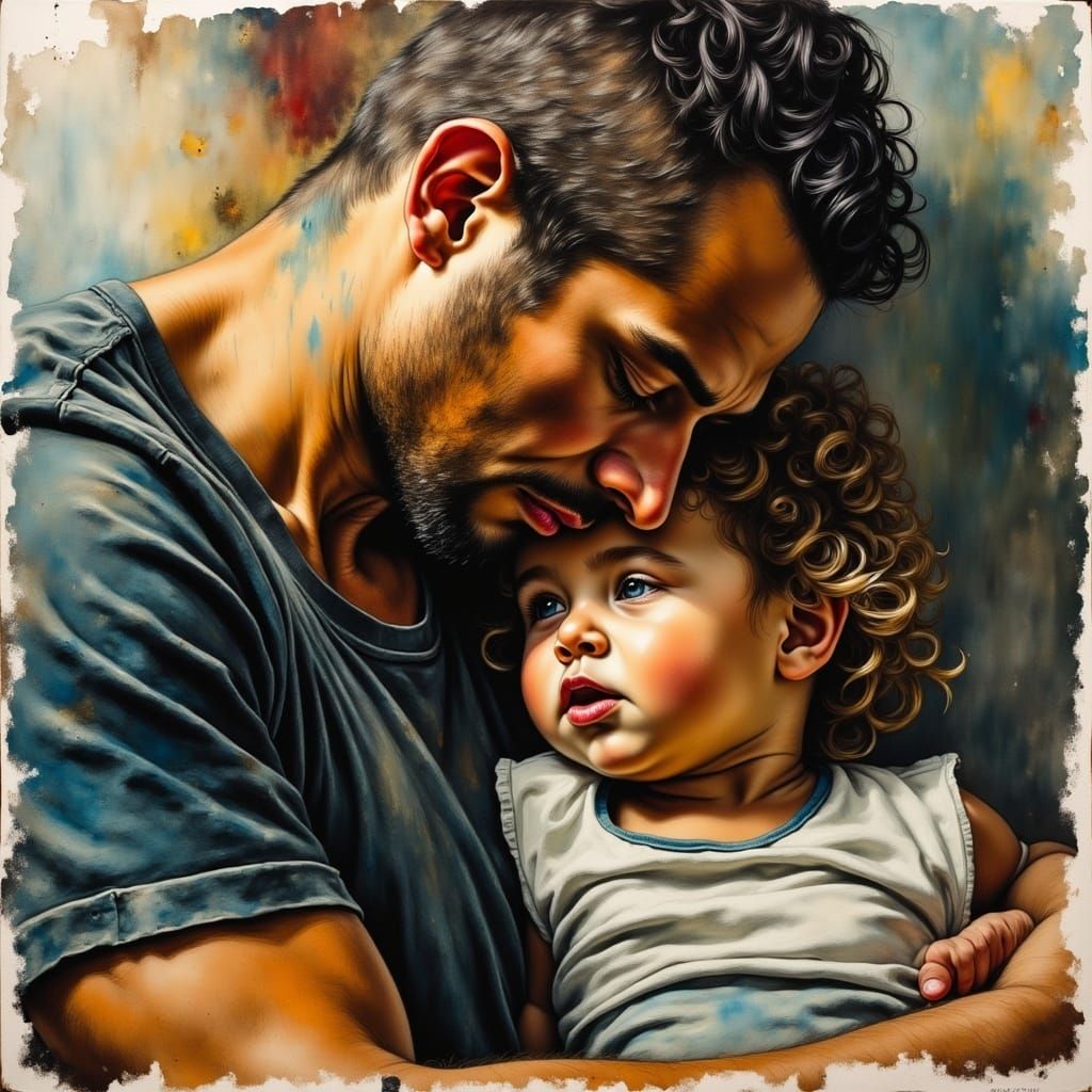 Oil painting, closeup of young father playing with toddler, cuddling, looking at each other, cosy atmosphere, by Jeremy Mann, jean_Baptiste_...