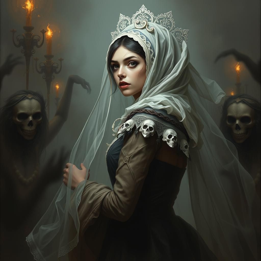 Portrait exquisite bridesmaid terrifying barricade uncanny atmosphere filigree grimdark Wadin Kashin Franciscan de Goya