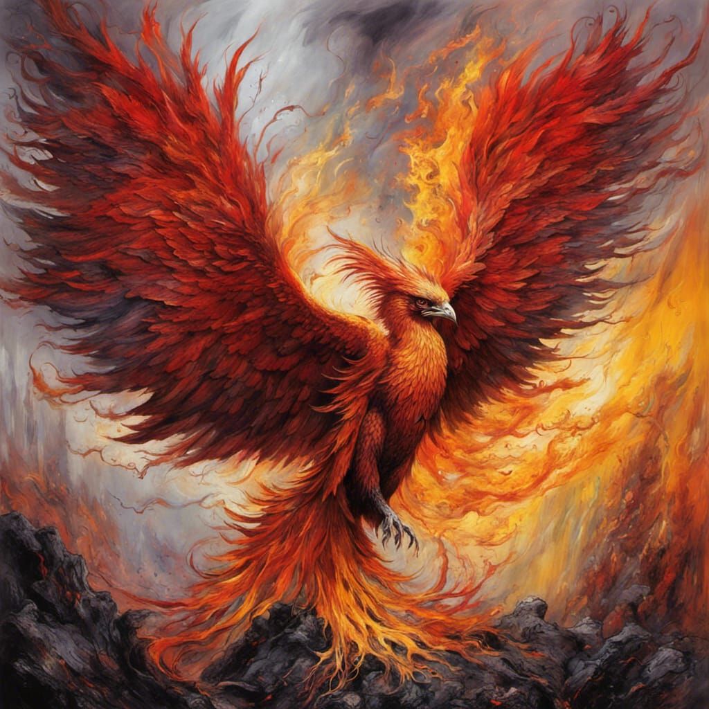 phoenix rising from burnt forest ashes