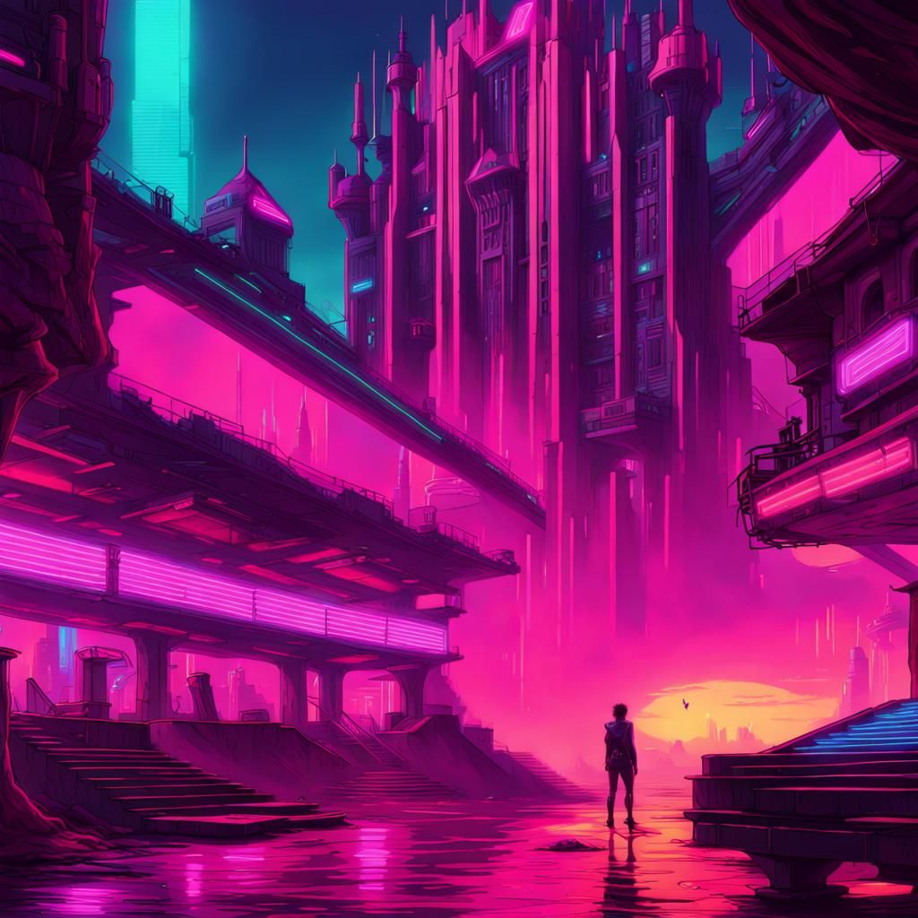 Psychedelic fantasy castle synthwave neon retro cyberpunk 20...