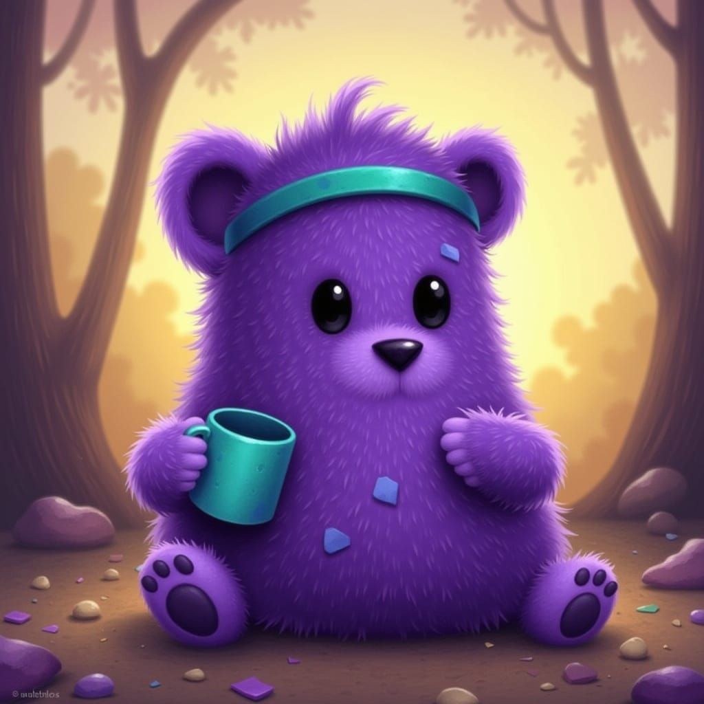 Purple Chubby Fluffy Baby Cheetah holding a teal cup wearing a teal headband <lora:XenoByte:1.0>