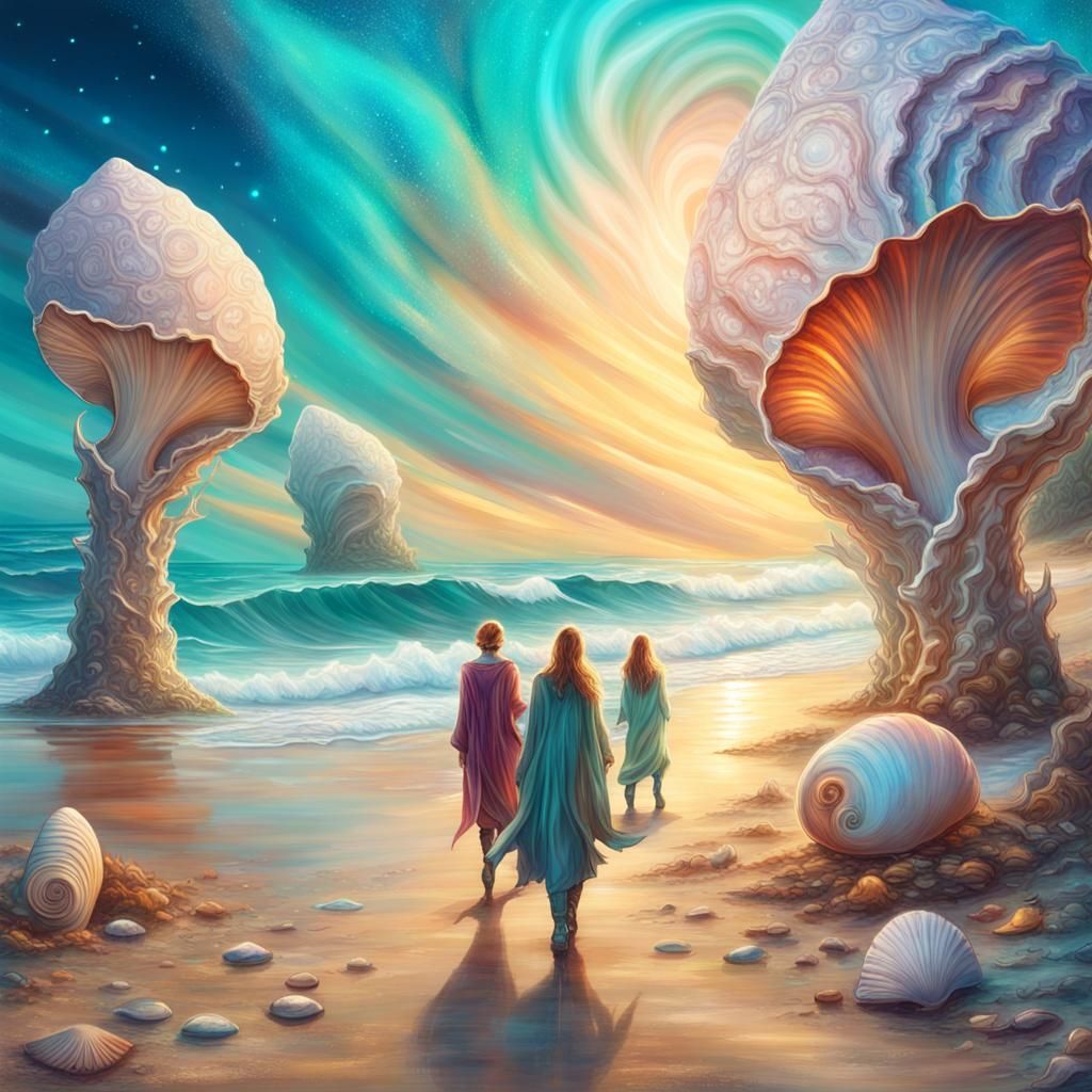 Three elves walking among giant seashells on the beach are walking against the wind. 8k resolution holographic astral co...