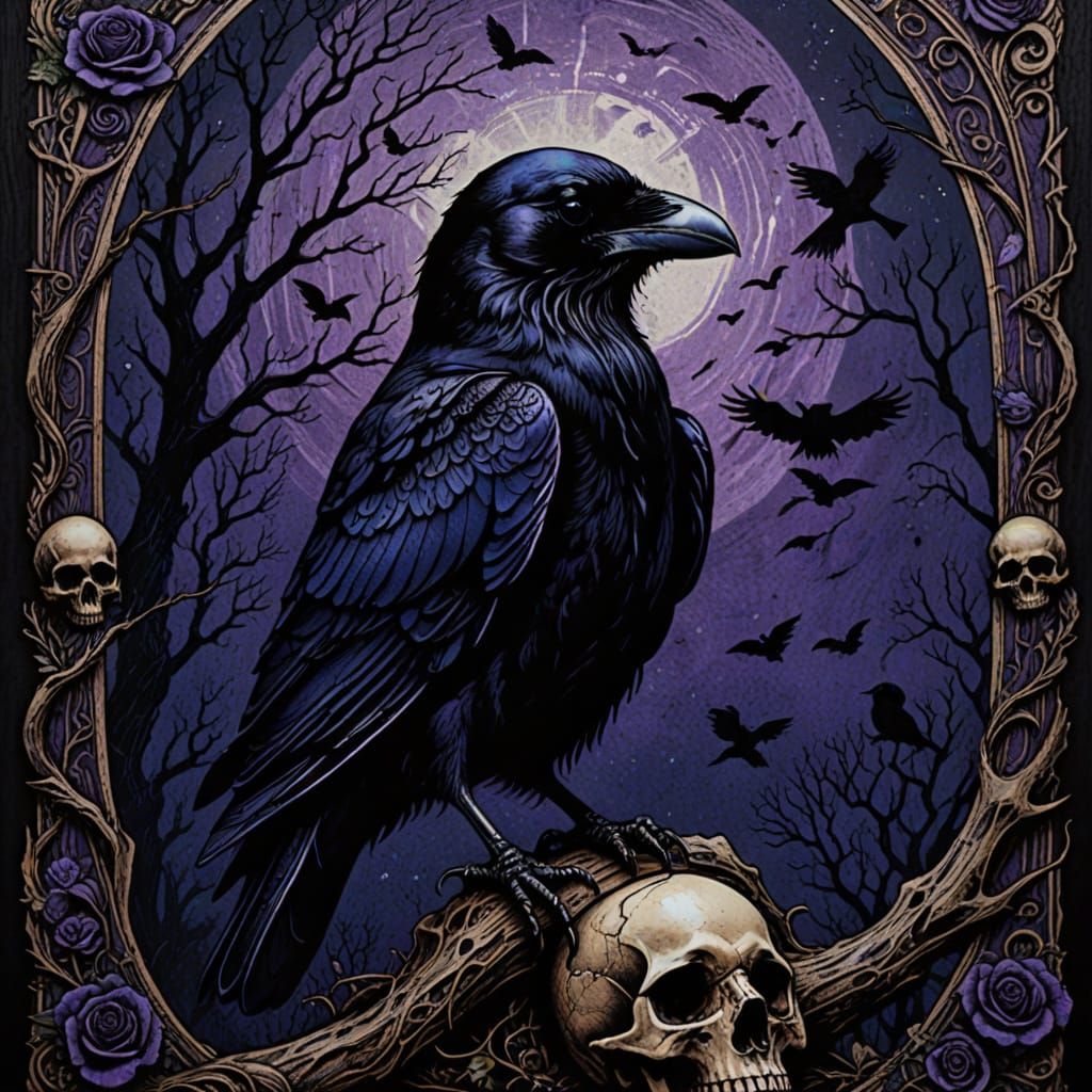Gothic pyrography etching with raven  by @Nina Camplin
