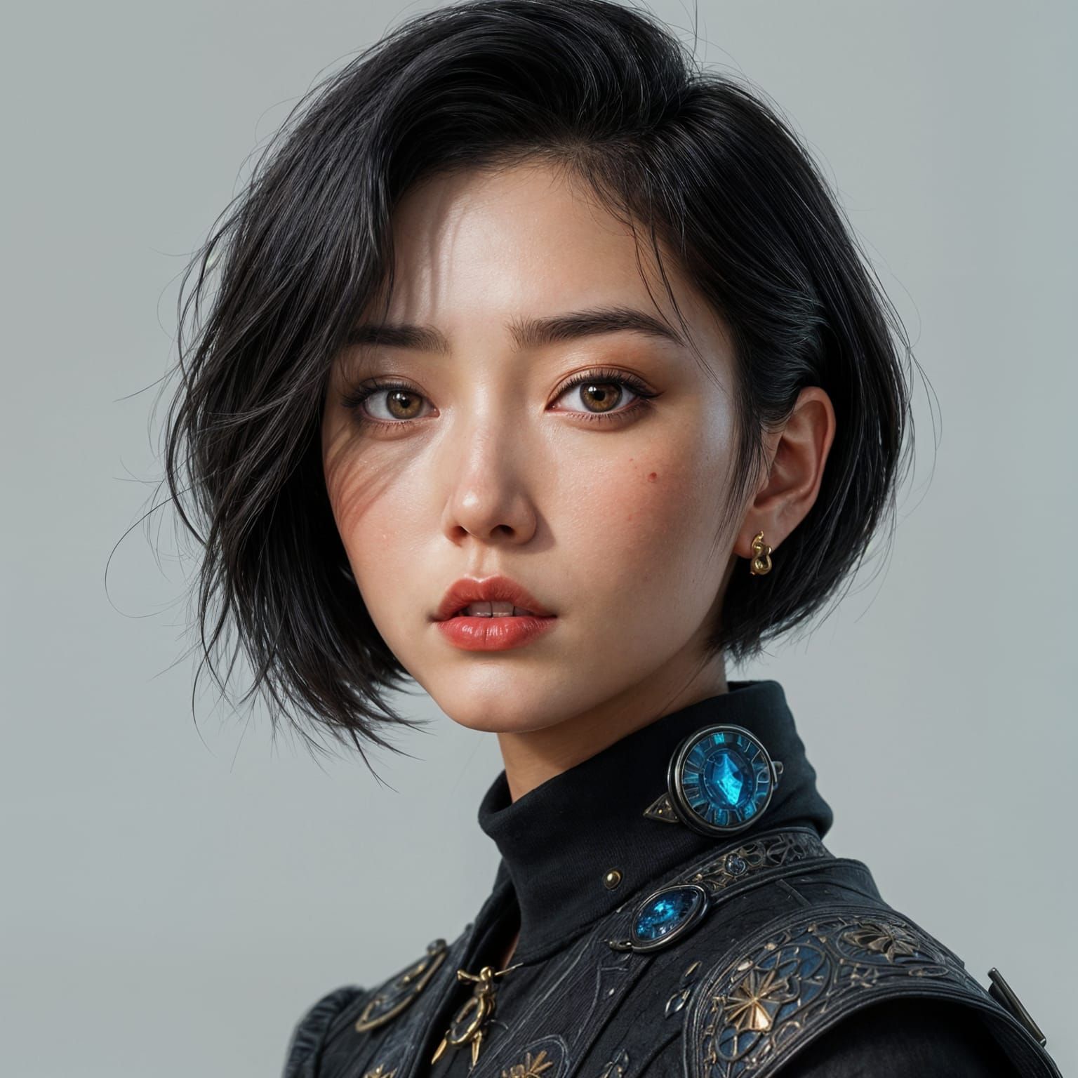 Semi-Realistic Portrait of Asian Woman with Serious Expressi...